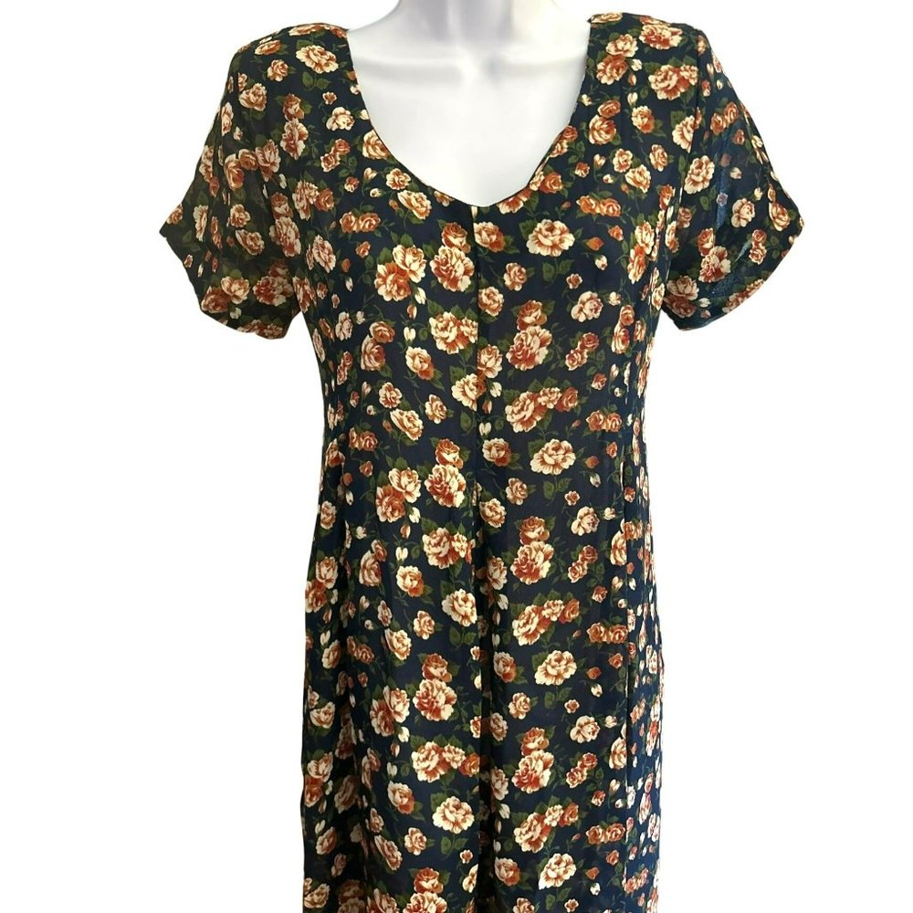 Vintage Express Women's Navy Blue Floral Jumpsuit Small Y2K Retro 1990s Grunge